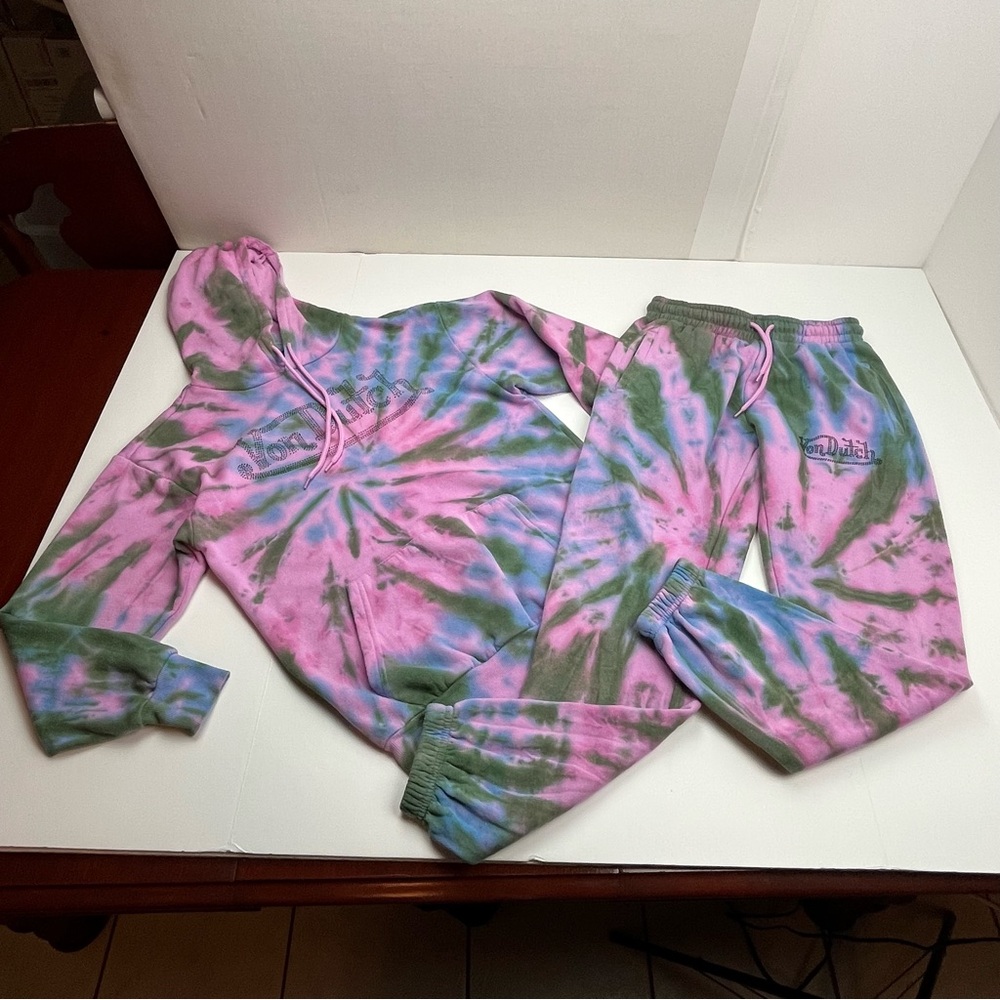 Von Dutch Rhinestone Tie Dye Jogger Hoodie Set Olive Green Pink Purple Small